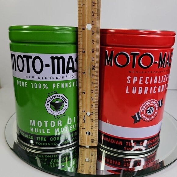 Canadian Tire Moto-Master Oil Red Green Tin Coin Bank Set Promotional Item Decor - Picture 12 of 13